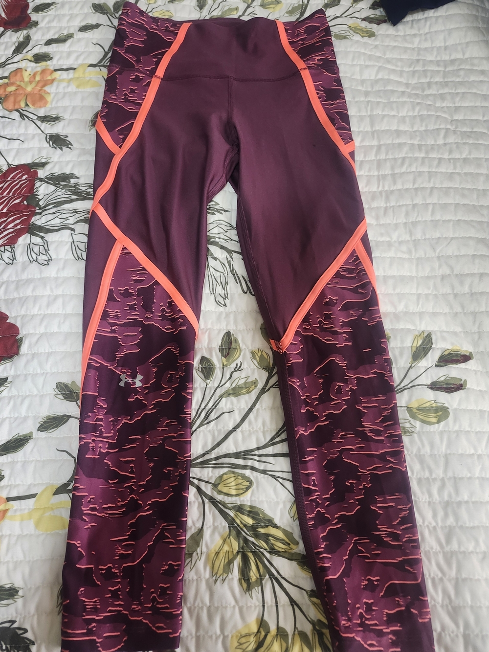 Under Armour Burgundy Leggings with Neon Coral Accents